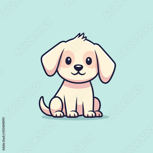 Cute cartoon puppy sitting on light blue background is adorable