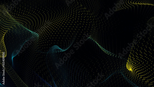 Abstract Dotted Wave Pattern in Dark Background with Yellow and Cyan Color Gradients This image