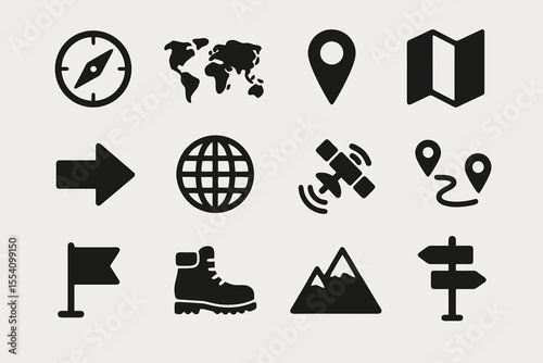 12 black icons for travel navigation. Minimal wayfinding vector set with location, route, and adventure details.