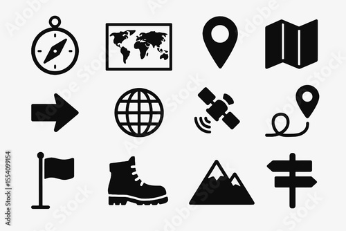 Set of 12 black navigation icons. Travel and exploration symbols in simple solid style for wayfinding and maps.