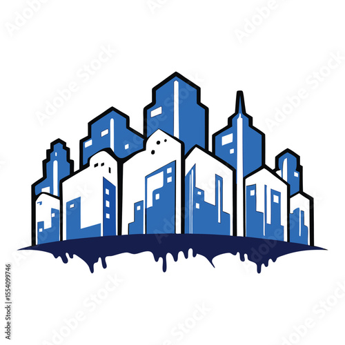 Blue city buildings rise with bold edges, set against a backdrop of white graffiti in a gritty, urban grunge design—modern chaos meets street-style expression.
