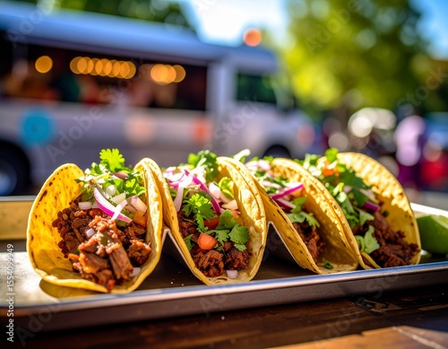 A trio of beef tacos with cilantro, onion, and salsa served in paper wrap, on a metal tray, with a blurred Mexican food truck background.