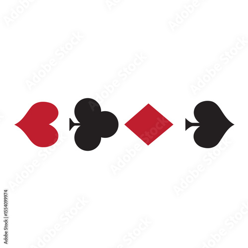 Playing card suits arranged in a row with hearts, clubs, diamonds, and spades on a white background