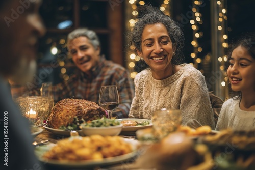 Joyful family dinner: hispanic adults and child celebrating with holiday feast