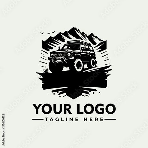 Black and white illustration of a rugged SUV with mountain backdrop.