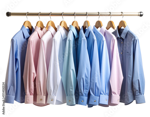 Neatly Arranged Row of Colorful Casual Shirts on Wooden Hangers, isolated on transparent background PNG