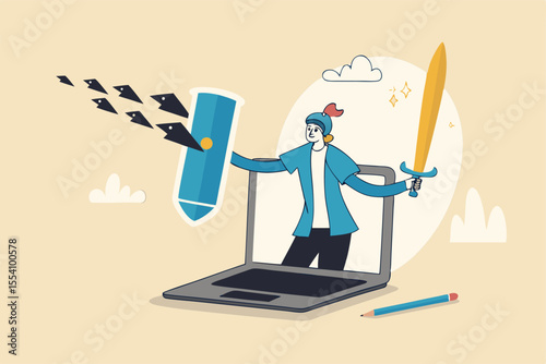 Cyber security protection for safety computer network, safety shield to protect online threat or attack, digital privacy or encryption concept, man hold shield on computer laptop protect cyber attack.