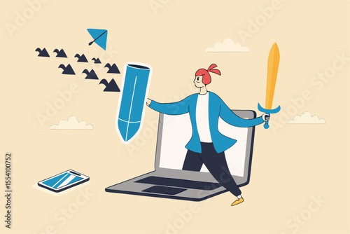 Cyber security protection for safety computer network, safety shield to protect online threat or attack, digital privacy or encryption concept, man hold shield on computer laptop protect cyber attack.