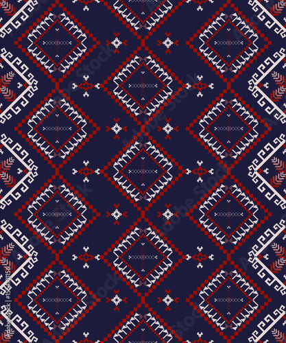 traditional tribal textile pattern, showcasing repeating diamond motifs in red, white, and dark blue tones. The design reflects the cultural heritage of hill tribe communities in southeast asia