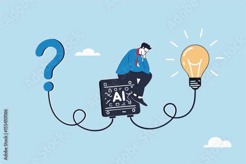 Artificial Intelligence, AI to help solving problem, innovation to develop idea, solution or automation, AI support or advice concept, businessman on AI chip help solving problem with lightbulb idea.
