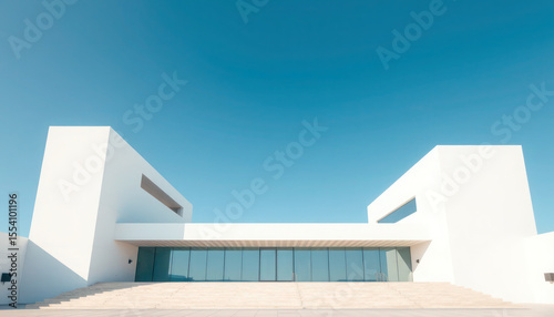 Modern white building with glass facade and steps against a clear blue sky.