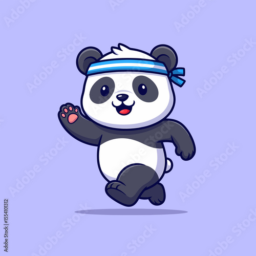 Adorable panda cartoon character running with a headband on a light purple background