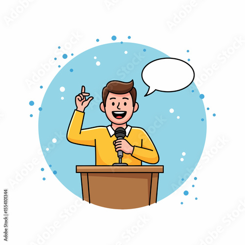 Man at podium giving presentation, sharing idea with microphone