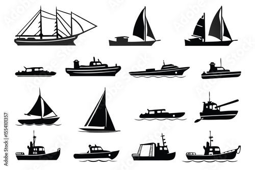 Boat and Ship Silhouette Icons – Diverse Maritime Transport Set