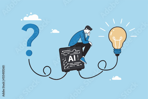 Artificial Intelligence, AI to help solving problem, innovation to develop idea, solution or automation, AI support or advice concept, businessman on AI chip help solving problem with lightbulb idea.