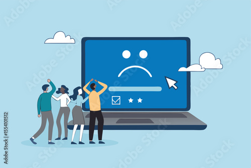 Computer outage, error or failure causing by software update mistake, operating system crash or cyber attack, server down or technical issue concept, people victims looking at computer laptop outage.