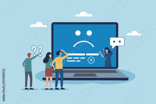 Computer outage, error or failure causing by software update mistake, operating system crash or cyber attack, server down or technical issue concept, people victims looking at computer laptop outage.