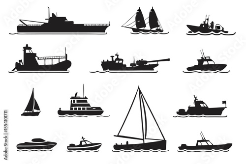 Boat and Ship Silhouette Icons – Diverse Maritime Transport Set