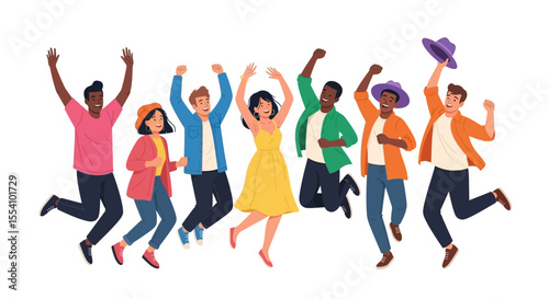 Diverse group of people celebrating with joyful leaps and raised arms, expressing happiness.