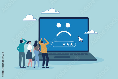 Computer outage, error or failure causing by software update mistake, operating system crash or cyber attack, server down or technical issue concept, people victims looking at computer laptop outage.