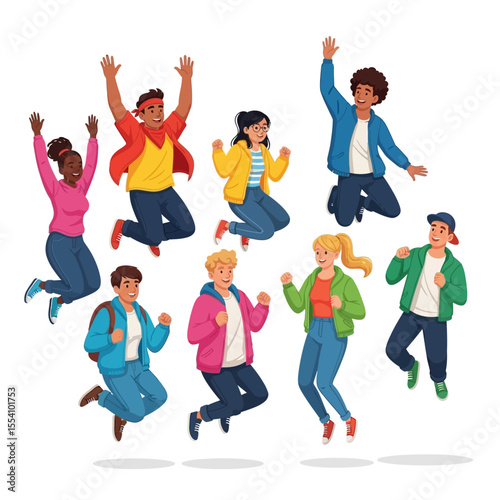 Eight diverse young adults joyfully jumping in the air, celebrating with raised arms and cheerful expressions.