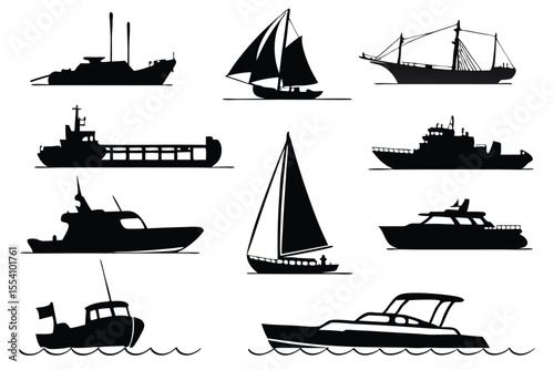 Boat and Ship Silhouette Icons – Diverse Maritime Transport Set