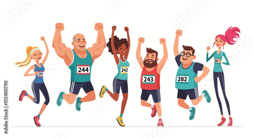A group of diverse runners celebrating their achievement with raised arms, joyfully.