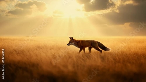 A fox walking through a golden field under a bright sky with scattered clouds at sunset time video