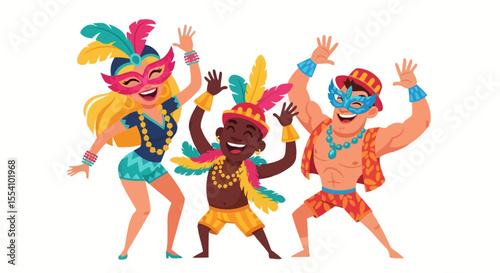 Three people in colorful carnival costumes and masks dance joyfully with raised arms.