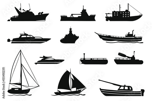 Black Maritime Silhouettes – 16 Ship and Boat Vector Icons