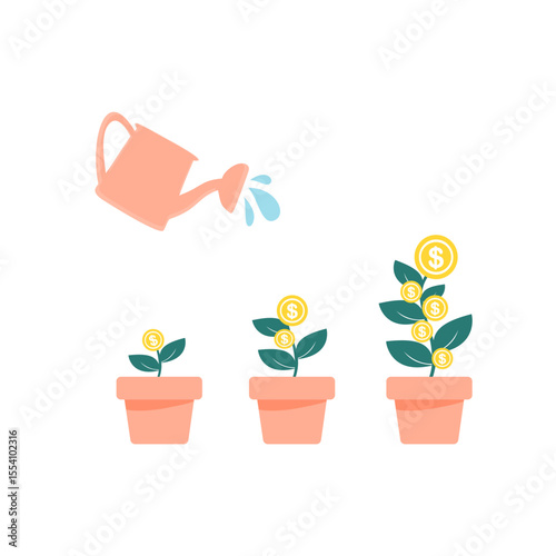 Financial Growth Stages Vector – Money Investment Concept with Watering Can