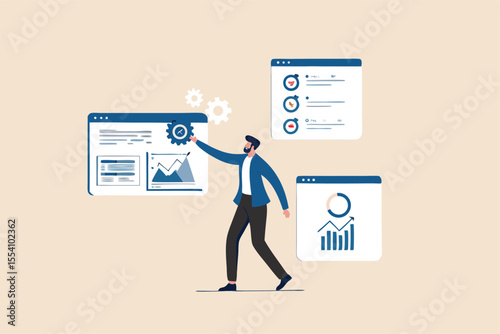 Self service, software or application to help user get result themself, online help or assistance, resource management or electronic automated report concept, businessman using self service software.