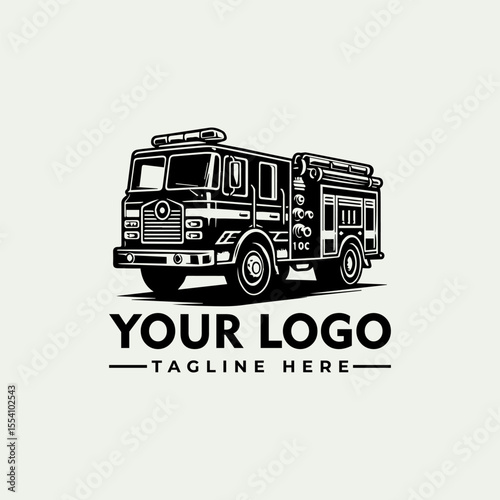 A detailed black and white illustration of a fire truck with space for a logo and tagline.