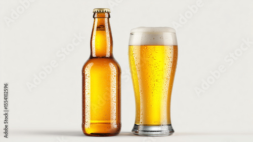 a light glass beer bottle next to a filled beer glass, visible condensation, golden beer color photo