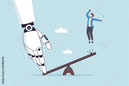 Artificial intelligence to support and help business success, AI automation tech, innovation boost employee development, assistant for improvement concept, robot hand help businessman jump on seesaw.
