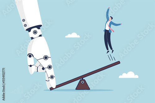 Artificial intelligence to support and help business success, AI automation tech, innovation boost employee development, assistant for improvement concept, robot hand help businessman jump on seesaw.
