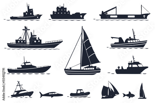Sixteen Ship and Boat Silhouettes – Black Maritime Icon Set