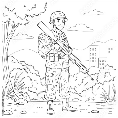 A soldier in camouflage uniform and helmet stands alert with a rifle amid trees and bushes, mountains and distant buildings behind.