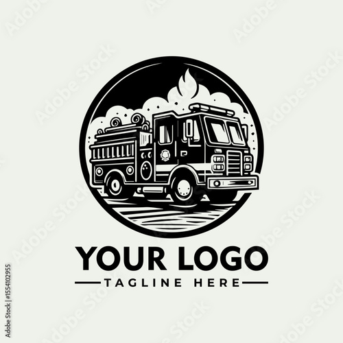 A detailed black and white illustration of a fire truck with space for a logo and tagline.
