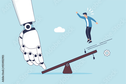 Artificial intelligence to support and help business success, AI automation tech, innovation boost employee development, assistant for improvement concept, robot hand help businessman jump on seesaw.