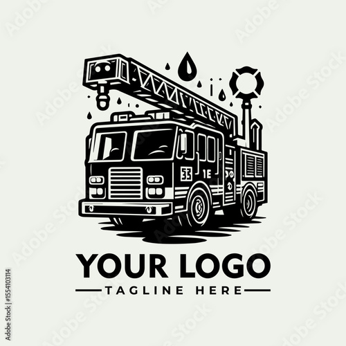 A stylized black and white illustration of a fire truck with a raised ladder, water droplets, and a life ring.