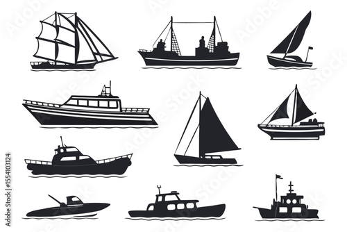 Sixteen Ship and Boat Silhouettes – Black Maritime Icon Set
