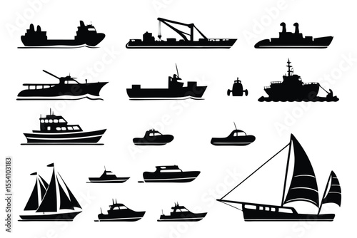 Black Maritime Silhouettes – 16 Ship and Boat Vector Icons