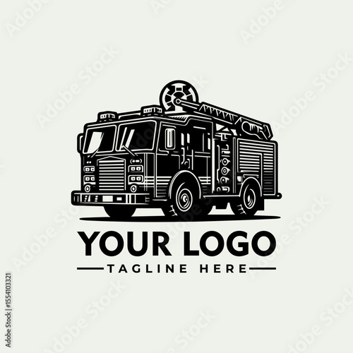 Detailed illustration of a fire truck with a ladder on top, presented as a logo design.
