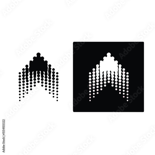 Abstract arrow peak logo made of connected dots increasing in size.