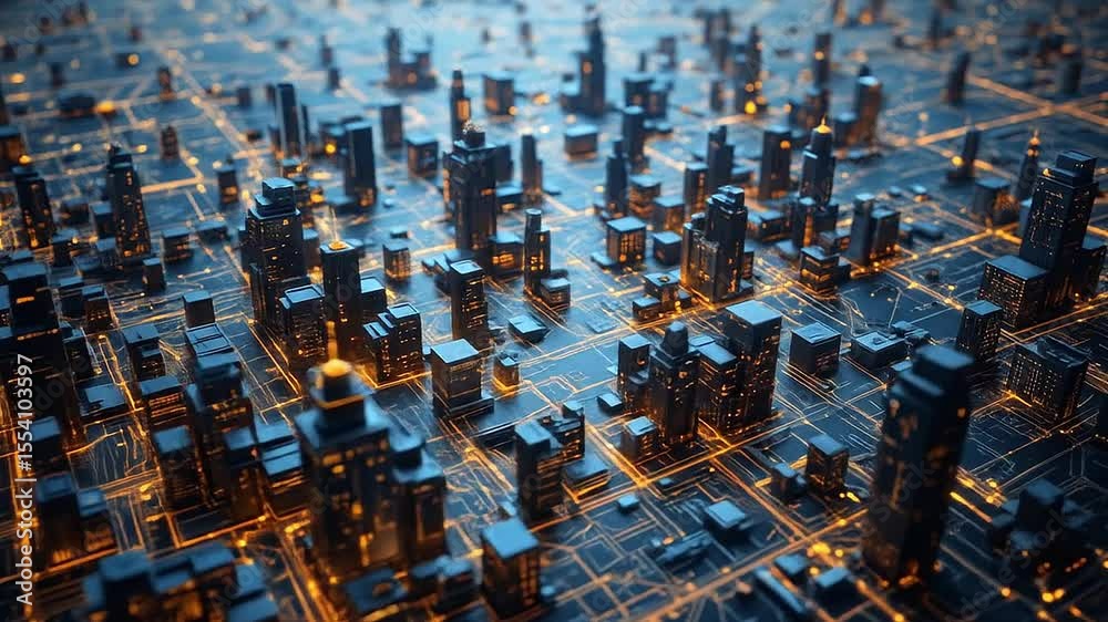 Futuristic blueprint city of binary numbers laid out across tech surface grid