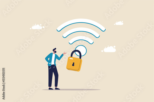 Wifi encryption, wireless security or safety for internet connection, network protection or mobile access, password encryption concept, man mobile user connect to wifi network with padlock encryption.