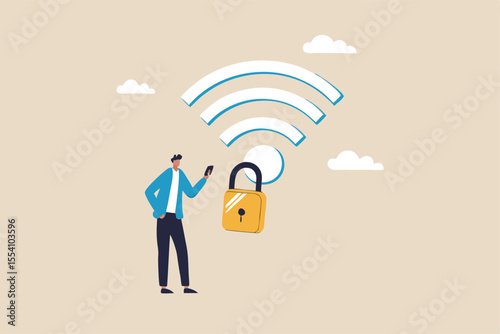 Wifi encryption, wireless security or safety for internet connection, network protection or mobile access, password encryption concept, man mobile user connect to wifi network with padlock encryption.