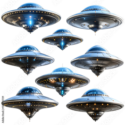  Realistic metallic UFOs in different shapes and sizes floating isolated on transparent background PNG