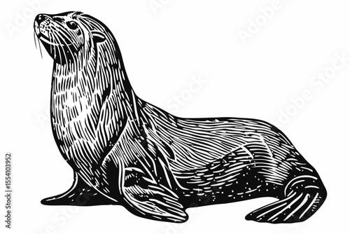 Woodcut illustration of a sea lion. Vintage grunge vector design element for artworks, poster, cards, web and collages.